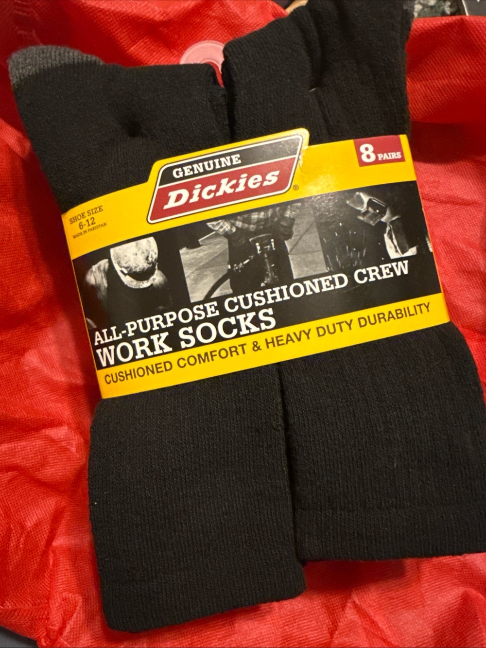 Dickies Men's All-Purpose Cushioned Crew Work Socks - Black (8 Pairs) NEW